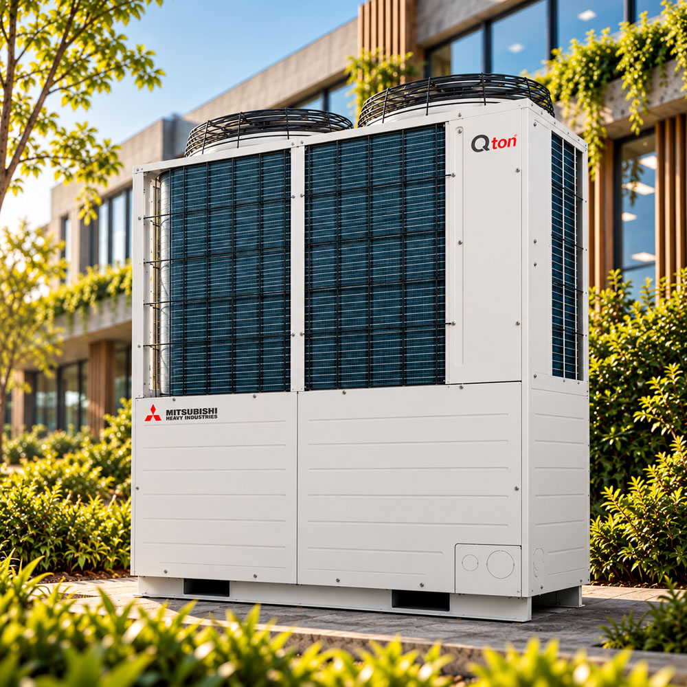 Q-TON heat pump in a modern courtyard