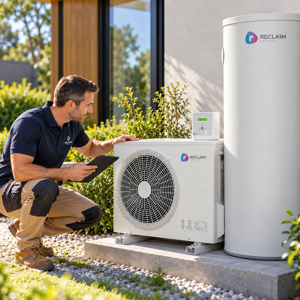 Technician Inspecting Reclaim Energy Heat Pump